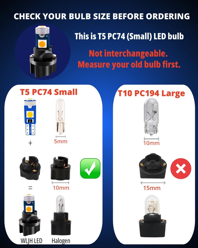 WLJH 74 Led Bulb Dash Lights Super Bright T5 2721 37 286 Wedge PC74 Twist Socket Automotive Instrument Panel Gauge Light Kits Cluster Shift Indicator Bulbs Amber Yellow Pack of 20 - Image 5